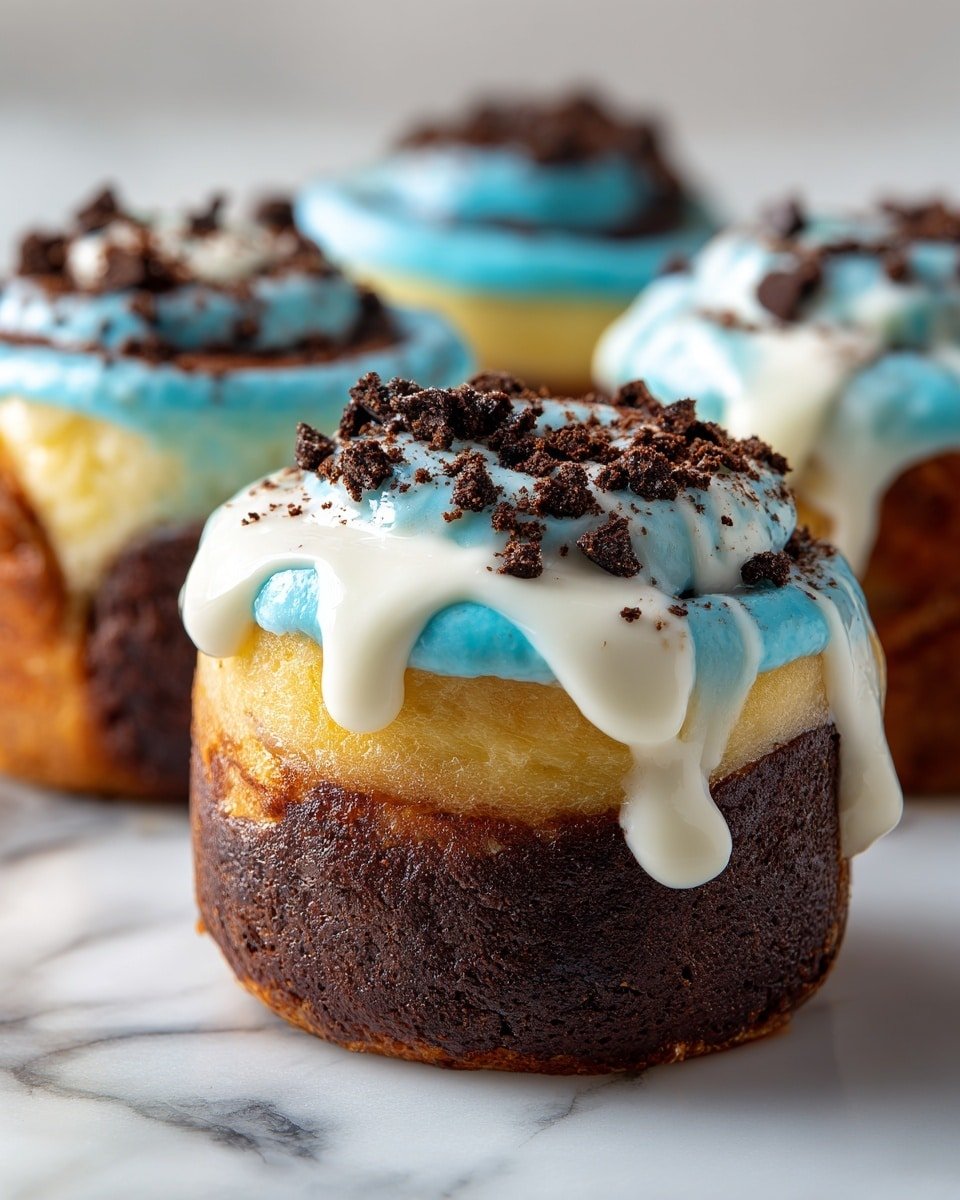 Cookie Monster Cinnamon Rolls Recipe - Recipe Image — Cookie Monster Cinnamon Rolls, cinnamon rolls with cookie bits, fun breakfast recipes, chocolate cinnamon roll twists, nostalgic brunch ideas