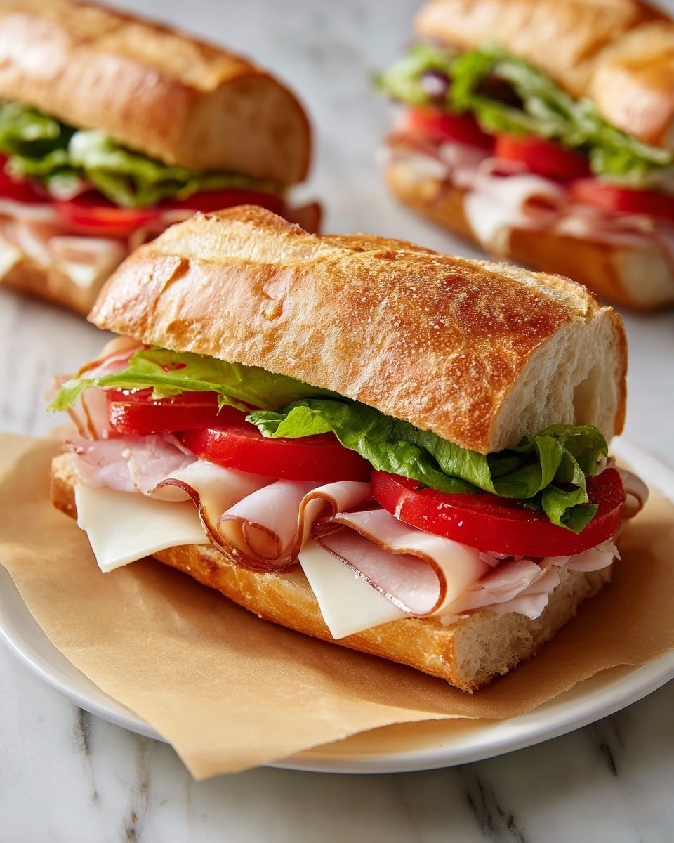The image shows a sandwich on a white plate with three sandwiches in the background. The sandwich is made with a golden brown, slightly crusty, hoagie-style bun. Inside the sandwich, there are several layers: at the bottom are thin slices of light pink turkey meat, followed by white cheese slices with slightly melted edges, then bright red tomato slices, and topped with fresh, green leafy lettuce. The sandwich is placed on light brown parchment paper on a white marbled surface. Photo taken with an iphone --ar 4:5 --v 7 — Homemade Sub Rolls, Soft Bread Rolls, Bakery-Style Sub Rolls, Fresh Sub Roll Recipe, Easy Homemade Bread