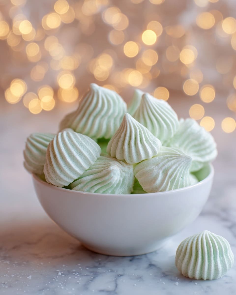 A white scalloped edge bowl is filled with small, round, airy meringues piled high. The meringues are soft pastel green and white colors, each with fine ridges swirling upward to a point. The bowl sits on a white marbled surface with warm, soft golden lights softly blurred in the background. The light gives a cozy, gentle glow to the scene. photo taken with an iphone --ar 4:5 --v 7 — Delightful Piped Cream Cheese Mints, creamy peppermint candies, easy mint treats for celebrations, homemade mint candies, elegant dessert bites