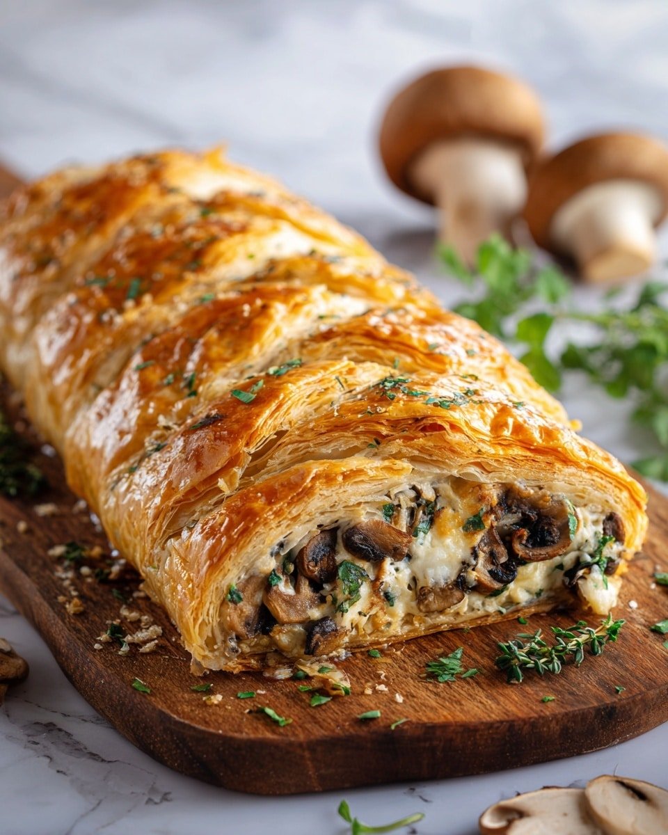 A long braided pastry with a shiny golden-brown crust sits on a wooden board, its surface sprinkled with small green herb leaves. The braided layers show the puff pastry’s flaky texture with even, slightly raised ridges. From the open end, soft melted cheese and cooked dark brown mushrooms with a slightly glossy look spill out, mixed with a little green herb garnish. In the background, whole and sliced brown mushrooms and green herbs lie on a white marbled surface, adding natural earthy tones. photo taken with an iphone --ar 4:5 --v 7 — Savory Mushroom and Gruyère Puff Pastry Braid, savory puff pastry recipes, mushroom and cheese appetizer, elegant puff pastry ideas, easy savory brunch dishes