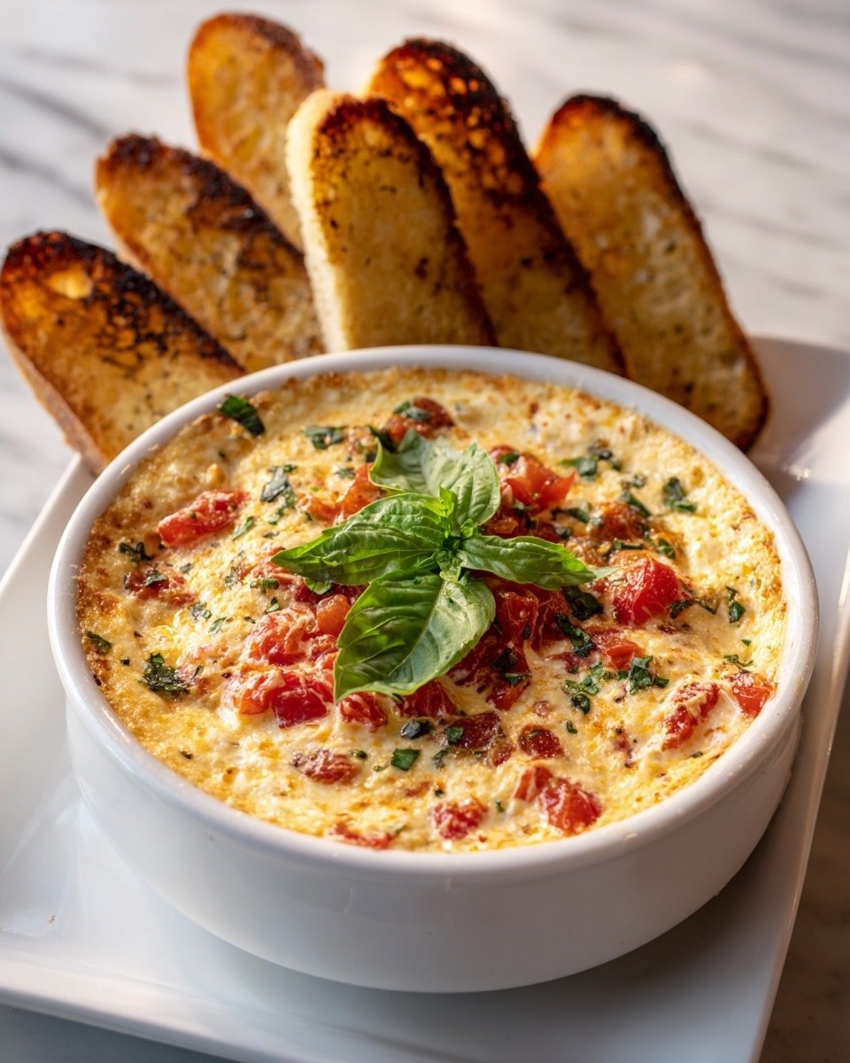 This image shows a white round ramekin filled with a creamy, bubbly cheese dip that is golden brown on top. The top layer has small melted cheese bubbles and is sprinkled with small pieces of bright red tomatoes and green basil leaves, adding fresh color contrast. Around the edge of the ramekin, there are several toasted bread slices with a golden-brown crispy texture, slightly charred on the edges, standing upright. The dish sits on a white square plate placed on a white marbled surface. photo taken with an iphone --ar 4:5 --v 7 — Creamy Bruschetta Dip, easy bruschetta dip recipe, fresh tomato dip, garlic basil appetizer, crowd-pleasing party dip