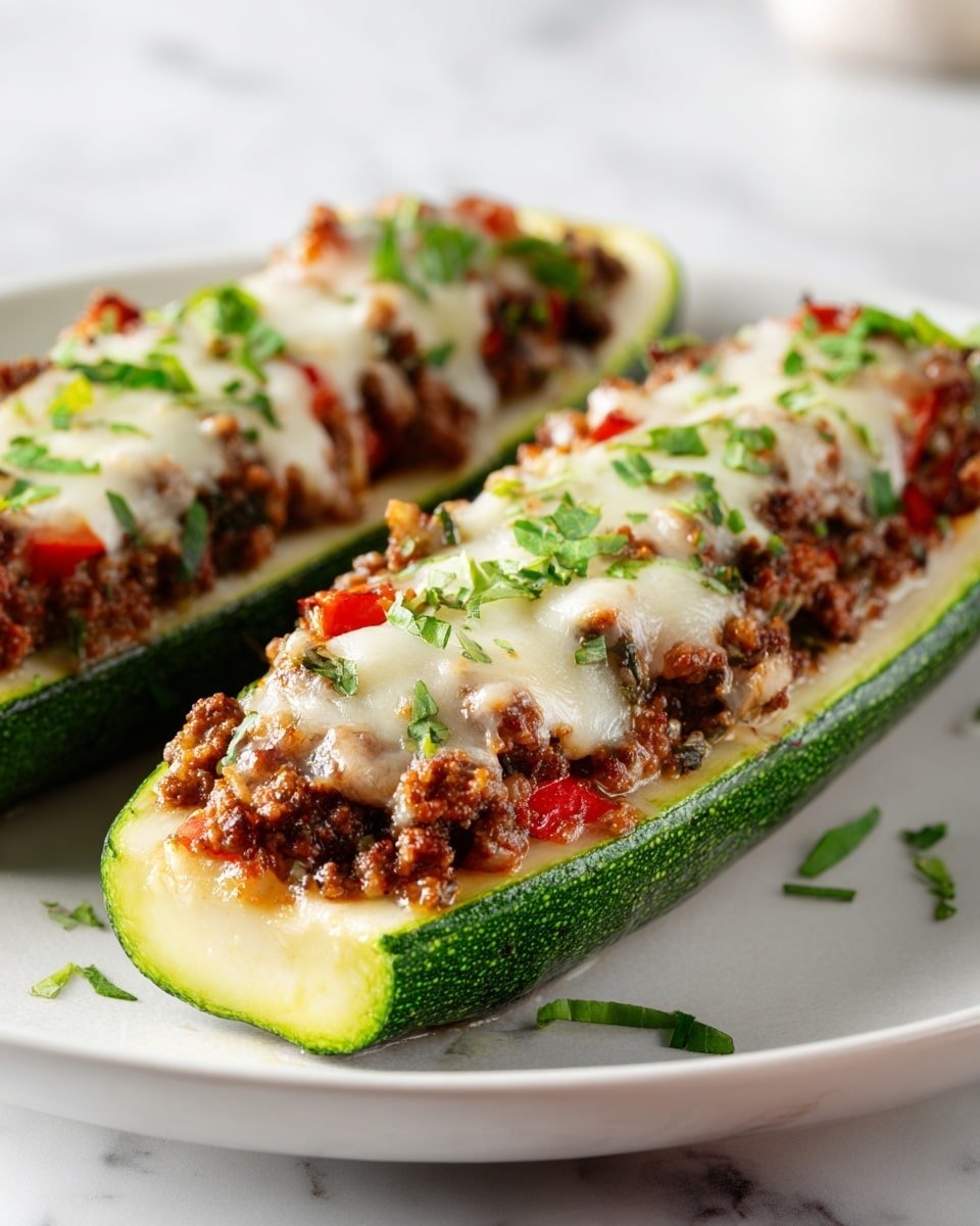 Three zucchini halves are shown on a white marbled surface, each sliced lengthwise and hollowed out to create a boat shape. The zucchini boats are filled with three layers: the base layer is the light green zucchini flesh, the middle layer is a crumbly brown ground meat mixed with small red bell pepper pieces, and the top layer is melted, slightly browned white cheese. The cheese is sprinkled with fresh chopped green herbs, adding a bit of color on top. The dish looks warm and fresh, presented close up. photo taken with an iphone --ar 4:5 --v 7 — Stuffed Cheese Zucchini Boats, cheesy zucchini boats with meat, savory stuffed zucchini recipe, low-carb zucchini meal, easy stuffed vegetable dinner