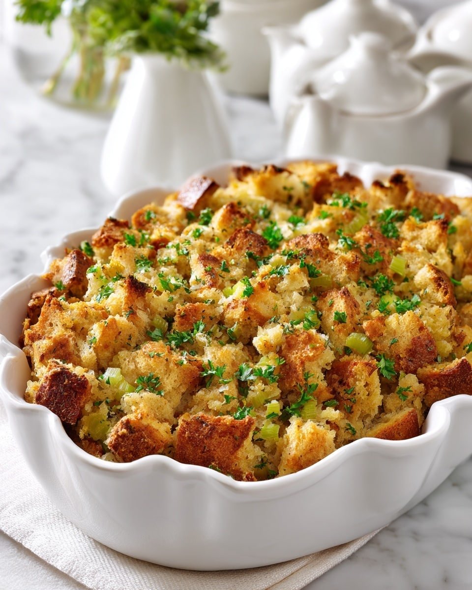 A white rectangular baking dish filled with a golden brown stuffing. The stuffing has many small, rough chunks of toasted bread with a crunchy texture on top. Among the bread pieces, small green peas and bits of herbs are scattered throughout. The dish looks warm and baked evenly with a mix of light and darker brown spots on the crispy top layer. The dish is set on a soft gray cloth on a white marbled surface. Photo taken with an iphone --ar 4:5 --v 7 — Grandma's Thanksgiving Turkey Stuffing, classic Thanksgiving stuffing, savory holiday stuffing, flavorful turkey stuffing recipe, easy holiday stuffing