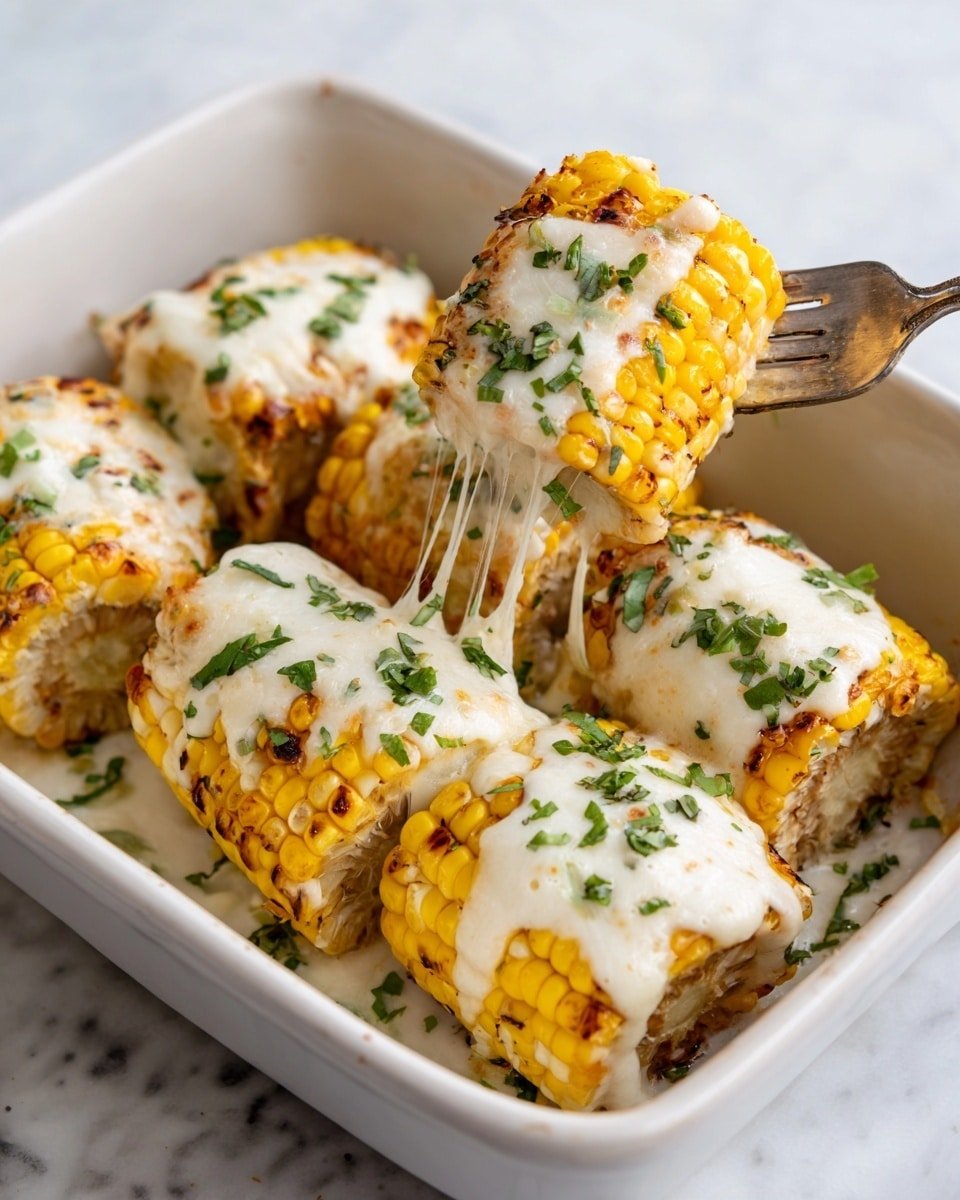 The image shows several pieces of grilled corn on the cob placed in a white rectangular baking dish. Each cob is covered with a layer of melted white cheese that stretches as one cob is lifted by a silver fork. The corn kernels are yellow with some golden brown spots from grilling. There are small green herb pieces sprinkled on top of the cheese and corn. The baking dish sits on a white marbled surface. photo taken with an iphone --ar 4:5 --v 7 — Cheesy Garlic Butter Corn on the Cob, garlic butter corn, cheesy corn side dish, summer corn recipes, flavorful corn on the cob