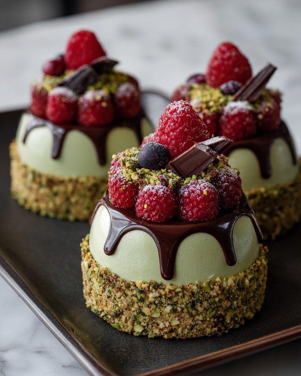 Pistachio & Raspberry Cheesecake Domes Recipe - Recipe Image — Pistachio & Raspberry Cheesecake Domes, pistachio cheesecake, raspberry mousse desserts, elegant cheesecake desserts, mirror glaze cheesecakes