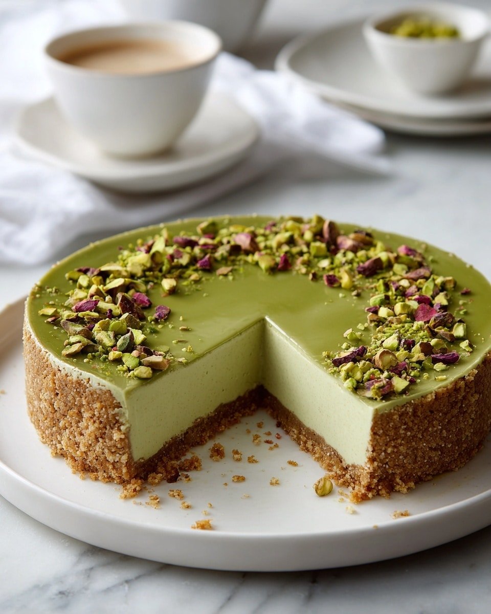 Pistachio Cheesecake With Pistachio Topping Recipe - Recipe Image — Pistachio Cheesecake With Pistachio Topping, pistachio dessert, nutty cheesecake, no-bake pistachio cheesecake, easy pistachio cheesecake recipe