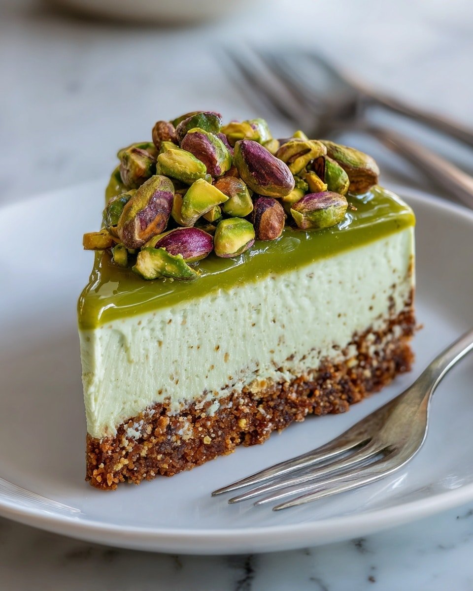 Pistachio Cheesecake With Pistachio Topping Recipe - Recipe Image — Pistachio Cheesecake With Pistachio Topping, pistachio dessert, nutty cheesecake, no-bake pistachio cheesecake, easy pistachio cheesecake recipe