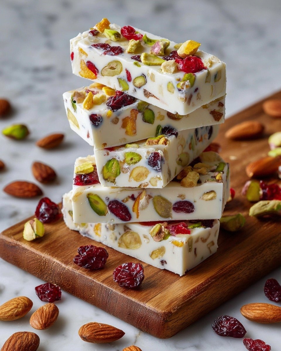 Homemade Nougat Bars Recipe - Recipe Image — Homemade Nougat Bars, chewy nougat bars, easy nougat candy, homemade candy recipes, nutty nougat treats