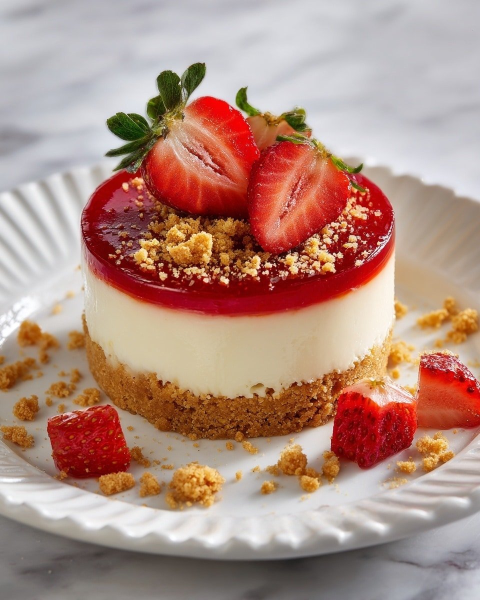 Easy Strawberry Crunch Mini Cheesecake Recipe - Recipe Image — Easy Strawberry Crunch Mini Cheesecake, mini cheesecake recipes, strawberry dessert recipes, no-bake cheesecakes, fruity creamy cheesecakes