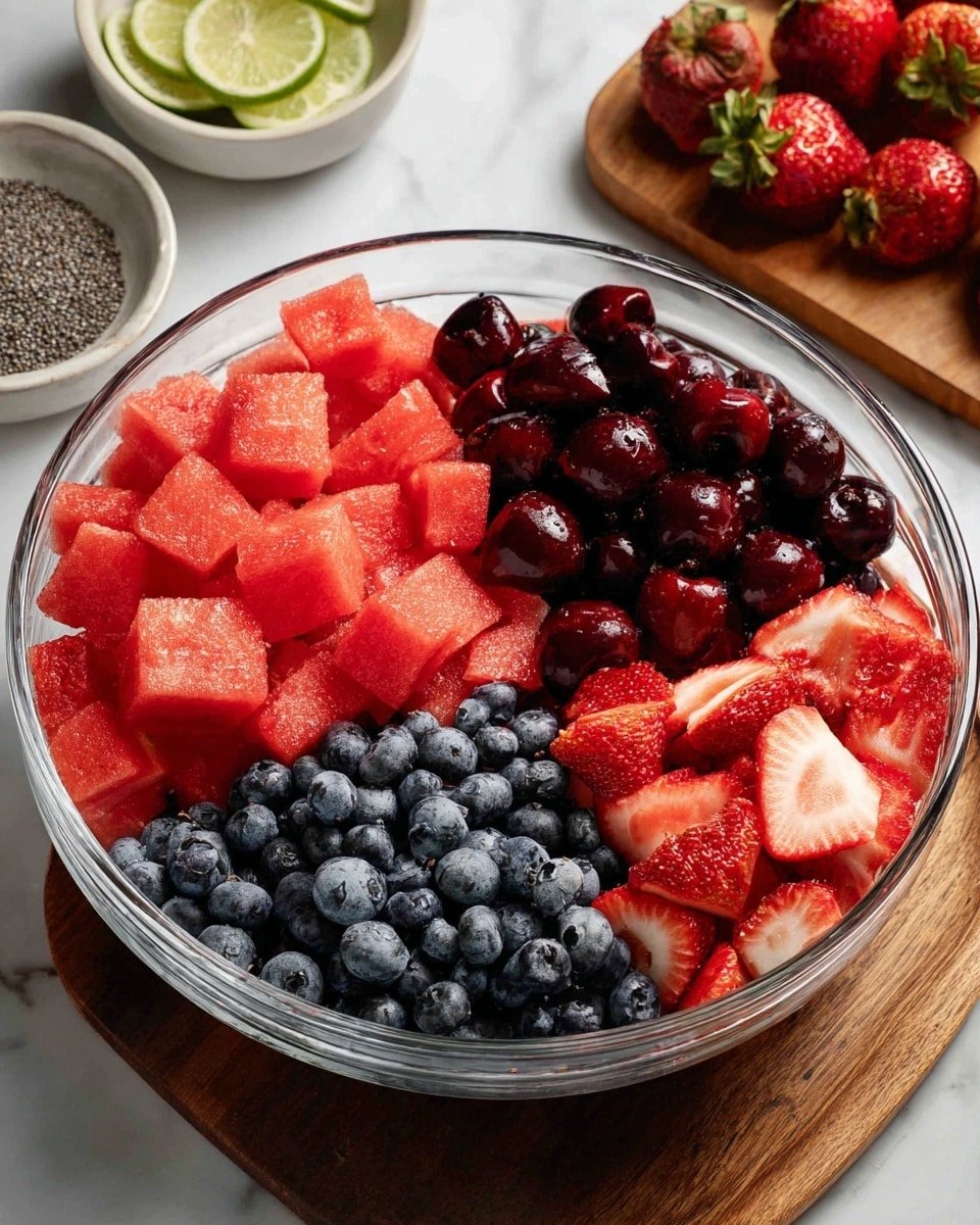 Mixed Berry Salad with Honey Lime Poppyseed Dressing Recipe - Recipe Image — Mixed Berry Salad with Honey Lime Poppyseed Dressing, summer berry salad, fresh fruit salad with honey lime dressing, healthy berry fruit salad, easy fruit salad recipes