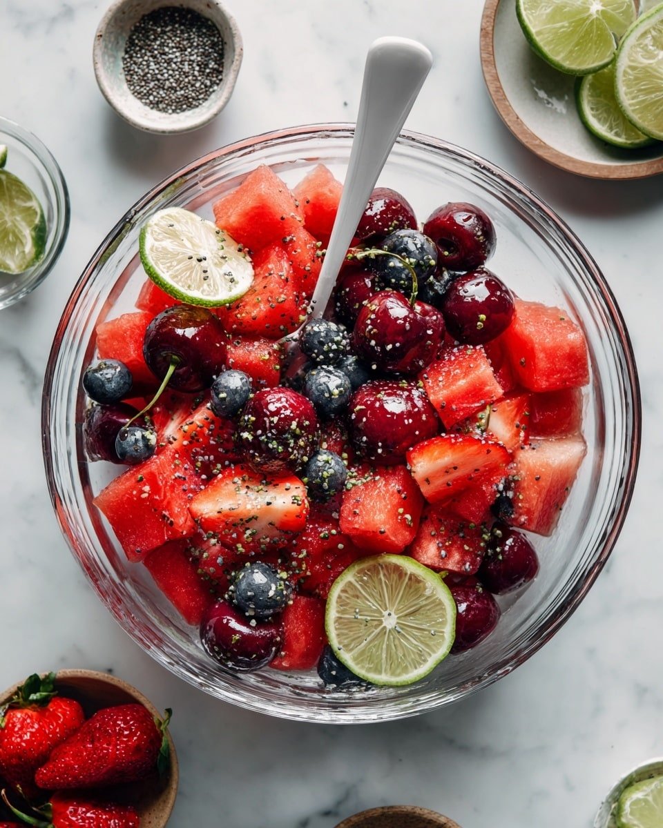 Mixed Berry Salad with Honey Lime Poppyseed Dressing Recipe - Recipe Image — Mixed Berry Salad with Honey Lime Poppyseed Dressing, summer berry salad, fresh fruit salad with honey lime dressing, healthy berry fruit salad, easy fruit salad recipes