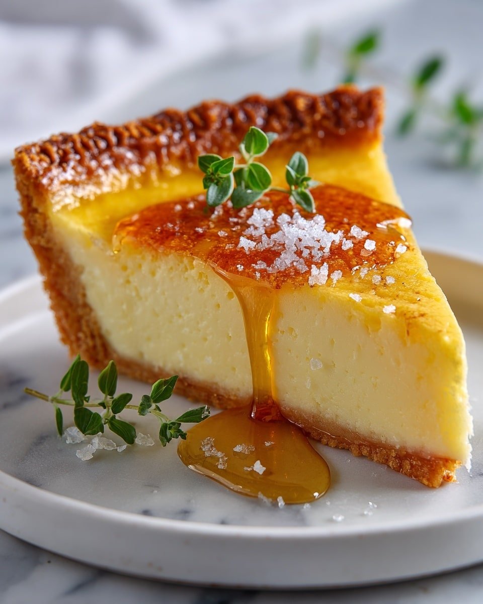 A single slice of pie with a golden-brown crust that is thick and crimped around the edge, holding a smooth, creamy yellow filling. On top of the pie is a shiny, bright orange sauce slowly spilling down one side, garnished with small green herbs. The slice is served on a white plate with a white marbled texture surface, scattered with coarse white salt flakes and small pieces of green herbs around it. Photo taken with an iphone --ar 4:5 --v 7 — Salted Whiskey Honey Pie, whiskey honey pie recipe, honey pie with whiskey, salted dessert pie, easy whiskey honey tart
