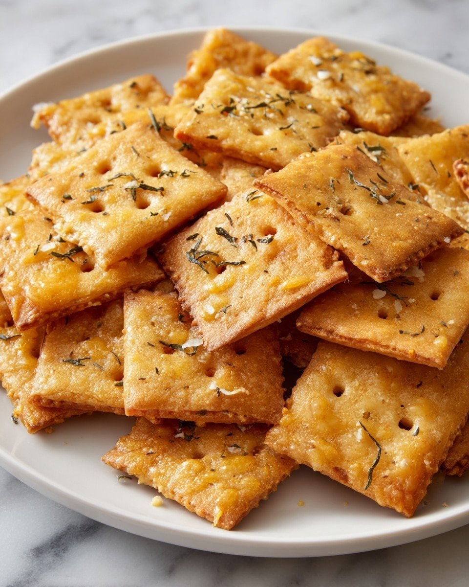 A close-up view of a stack of layered crackers on a white plate, each cracker rectangular with small holes and a slightly golden-baked edge. The top layers have melted, light golden cheese with scattered small rosemary leaves, adding texture and color contrast. The crackers show a mix of smooth and slightly bumpy textures with some small white salt crystals visible. The background features a soft focus white marbled surface. photo taken with an iphone --ar 4:5 --v 7 — Homemade Cheese Crackers, cheesy snack, homemade crackers, easy cheese crackers, savory snack recipes