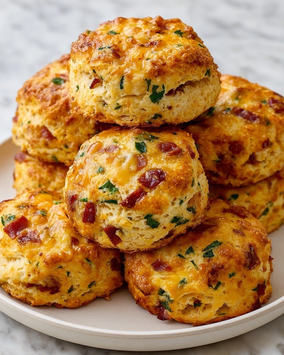 The image shows a close-up of six golden brown biscuits stacked together on a white plate. Each biscuit is thick with a rough texture and contains visible pieces of cooked bacon and fresh green parsley mixed inside. On top, there is a light glaze giving a slight shine and golden spots, with bits of melted cheese peeking through. The edges of the biscuits are slightly crispy, and the inside looks soft and fluffy. The plate rests on a white marbled surface. photo taken with an iphone --ar 4:5 --v 7 — Breakfast Protein Biscuits with Ham, Cheese, Chives, and Spinach or Italian Sausage, Sun-Dried Tomatoes, and Feta, hearty breakfast biscuits, protein-packed morning snacks, versatile breakfast recipes, savory brunch ideas, easy breakfast biscuits