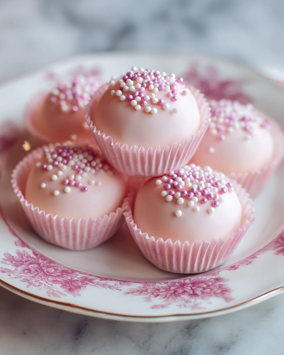 Five round pink sweets each sitting in a pink paper cup are arranged on a white plate with faded pink floral patterns around the rim. Each sweet is smooth and dome-shaped with a light pink coating and is topped with small round sprinkles in white and darker pink, scattered unevenly on top. One sweet is stacked slightly on top of the others in the center, creating a small pyramid. The background is softly blurred with a white marbled surface beneath the plate. photo taken with an iphone --ar 4:5 --v 7 — Creamy Strawberry Truffles, Strawberry Truffles, White Chocolate Strawberry Treats, Melting Fruit Truffles, Easy Strawberry Dessert