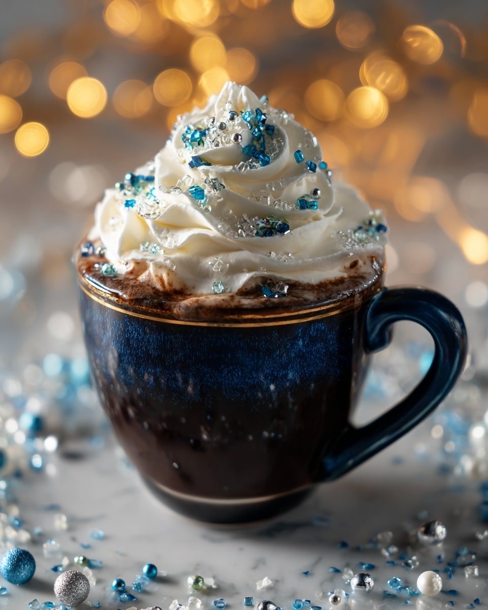 Frostbite Blue Christmas Cocoa Recipe - Recipe Image — Frostbite Blue Christmas Cocoa, festive hot chocolate, colorful holiday cocoa, peppermint white hot chocolate, winter drink recipes