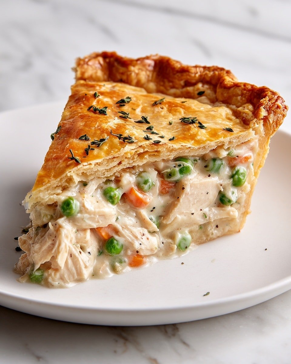 A golden-brown pie with a shiny, slightly bumpy top crust sits in a clear pie dish on a white marbled surface. One triangular slice is removed, showing a creamy filling with light beige mixed with bits of green peas. The slice is placed on a white plate nearby, where the thick, soft filling with visible peas is spilling a little over the edge. Fresh green herbs are scattered around the pie on the white marbled surface, adding a touch of color. A metal pie server lies next to the pie with a folded dark blue cloth nearby. Photo taken with an iphone --ar 4:5 --v 7 — Golden Chicken Pot Pie with Buttery Crust, Chicken Pot Pie Recipe, Comfort Food Dinner, Flaky Chicken Pie, Easy Chicken Pot Pie