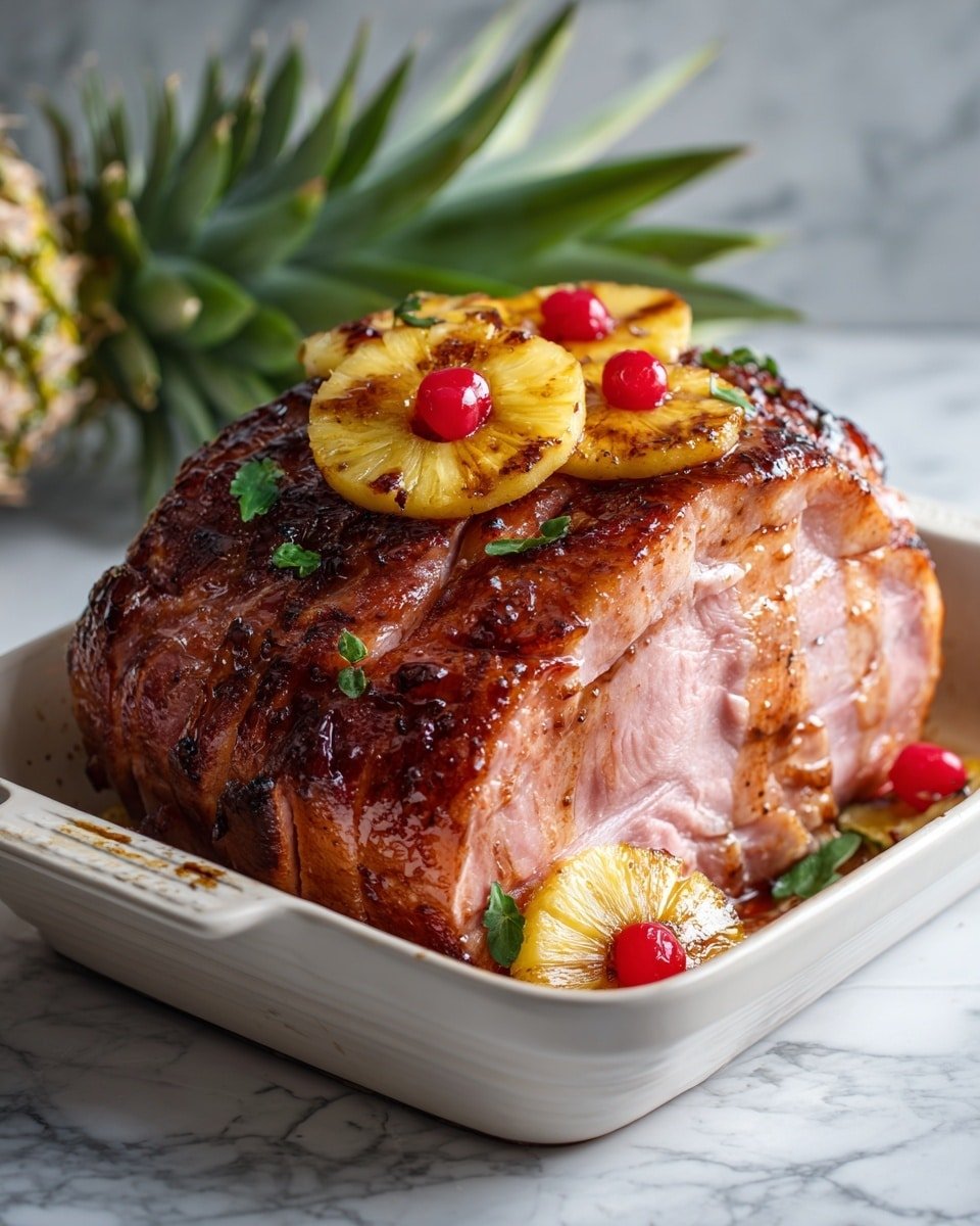 A large roasted ham with a shiny, dark brown caramelized glaze sits in a white rectangular dish with visible caramelized edges. The ham is topped with vibrant yellow pineapple rings, some slightly browned from roasting, and small red cherries with stems. The cut side of the ham shows a smooth, soft texture in a light pink color. The dish is placed on a white marbled surface, and the background features the green leafy crown of a pineapple. The image has a warm, inviting light that highlights the juicy, glossy texture of the ham photo taken with an iphone --ar 4:5 --v 7 — Easy AF Honey Baked Ham, honey glazed ham recipe, holiday ham ideas, simple baked ham, juicy honey ham
