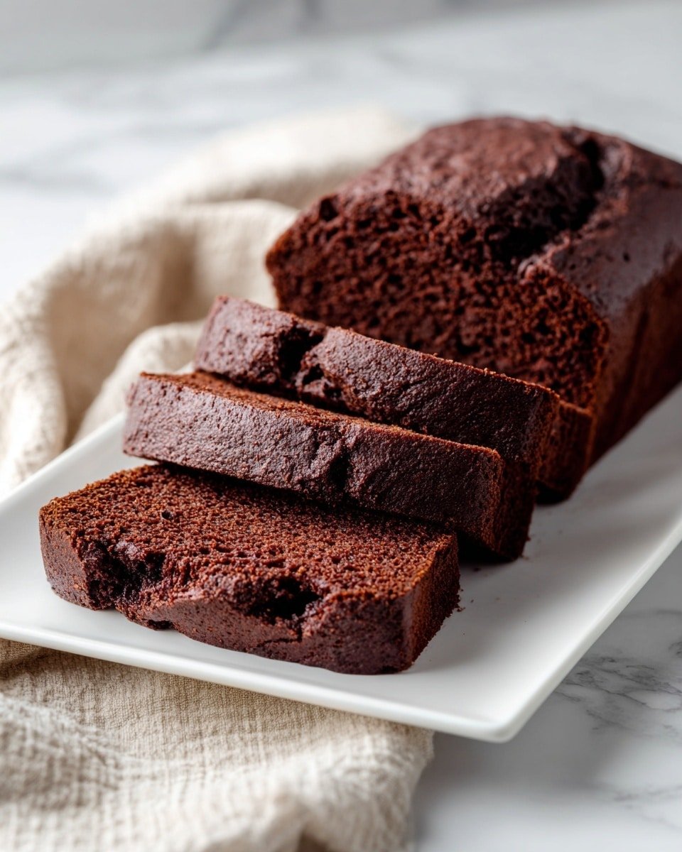 A dark brown chocolate loaf cake sits on a white rectangular plate placed on a white marbled surface. The cake has a soft, moist texture visible on the three thick slices cut from the front, while the main body of the loaf remains whole in the back. The cake’s top is slightly cracked, showing a rich, dense crumb inside. A soft beige cloth lies beside the plate, adding a warm contrast to the scene. photo taken with an iphone --ar 4:5 --v 7 — Gingerbread Loaf, cozy gingerbread loaf recipe, holiday gingerbread cake, spicy gingerbread bread, easy gingerbread loaf