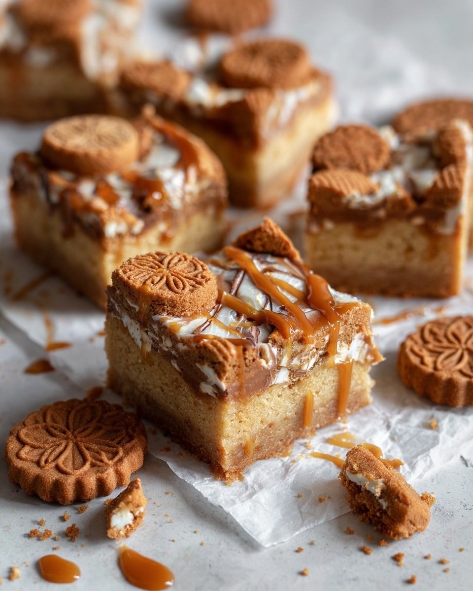 The image shows several square pieces of blondie topped with brown lotus biscuits embedded on the top layer. The blondie base is light golden with a slightly cracked texture and visible white chunks inside. Each square has rough edges and some are drizzled with a caramel-colored sauce. A few whole lotus biscuits and crumbs are scattered around the pieces on white parchment paper, all placed on a white marbled surface. The lighting is soft and natural, highlighting the texture and warm colors of the blondies and biscuits. Photo taken with an iphone --ar 4:5 --v 7 — Lotus Biscoff White Chocolate Blondies, Biscoff Blondies recipe, white chocolate blondies with Biscoff, caramelized cookie butter bars, baked blondie dessert
