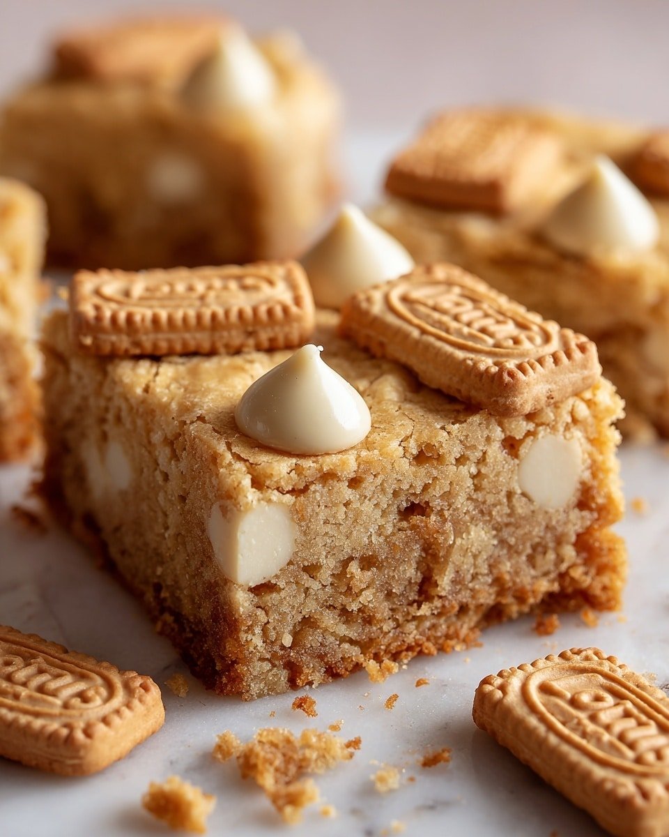 Lotus Biscoff White Chocolate Blondies Recipe - Recipe Image — Lotus Biscoff White Chocolate Blondies, Biscoff Blondies recipe, white chocolate blondies with Biscoff, caramelized cookie butter bars, baked blondie dessert