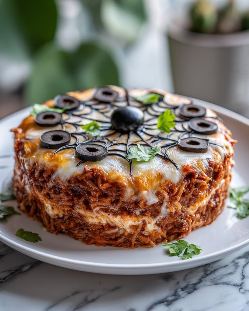 Spiderweb Taco Dip Recipe - Recipe Image — Spiderweb Taco Dip, festive taco dip, easy appetizer recipes, game day party snack, cheesy layered dip