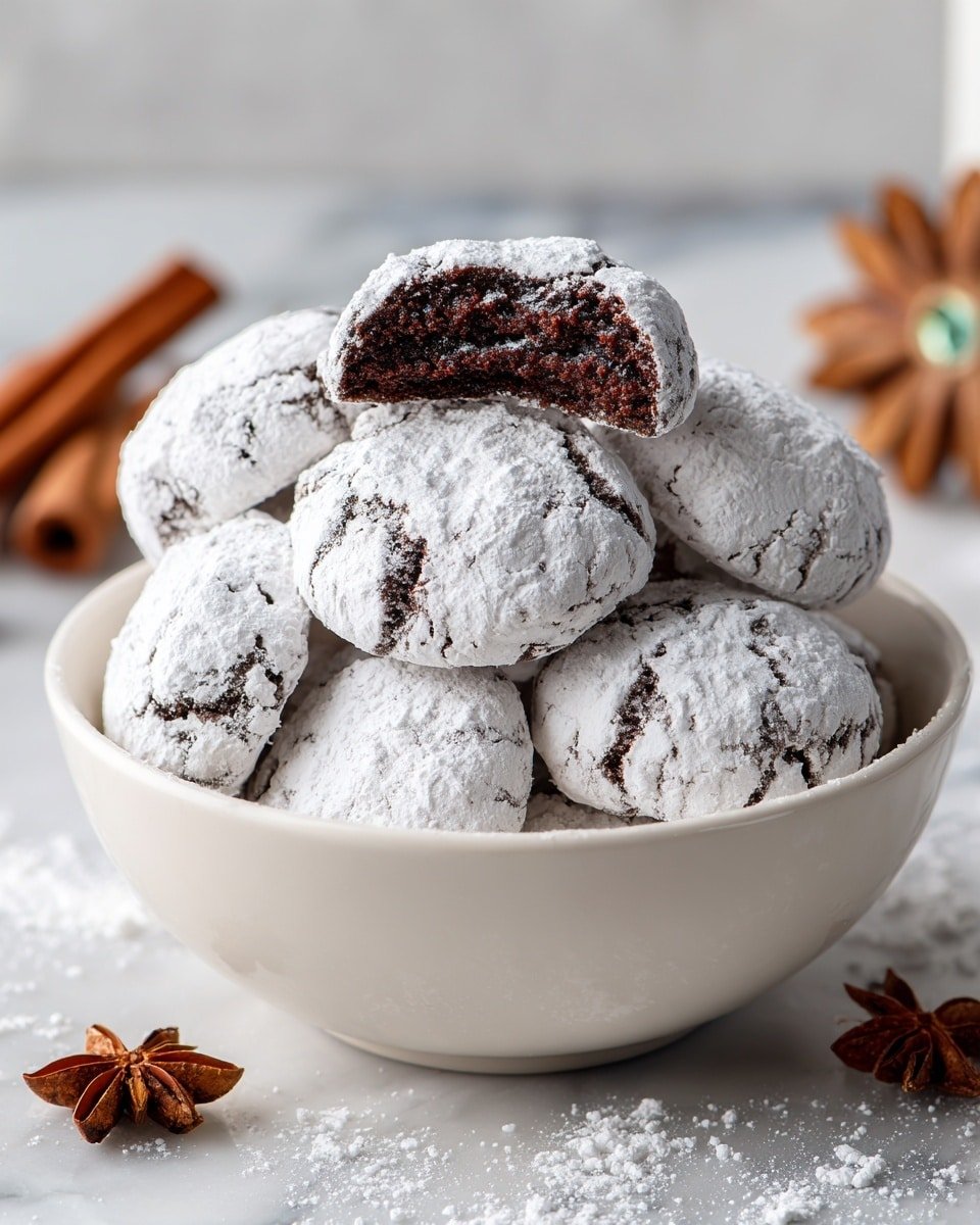 Classic Chocolate Snowball Cookies Recipe - Recipe Image — Classic Chocolate Snowball Cookies, chocolate snowball cookies, holiday snowball cookies, cocoa nut cookies, powdered sugar snowballs