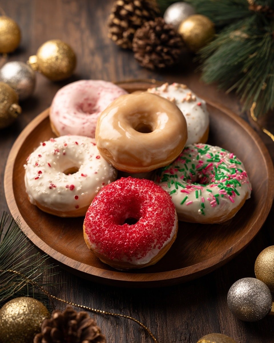Christmas Donuts Recipe - Recipe Image — Christmas Donuts, festive holiday donuts, cinnamon nutmeg donuts, holiday dessert recipes, Christmas baked goods
