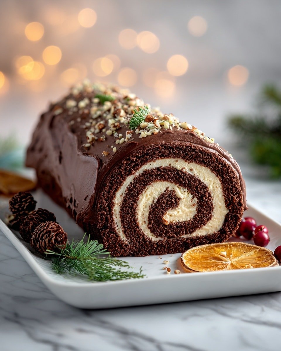 Classic Chocolate Yule Log (Buche de Noel) Recipe - Recipe Image — Classic Chocolate Yule Log Buche de Noel, holiday chocolate cake, Christmas Yule Log dessert, festive chocolate roulade, elegant holiday cake