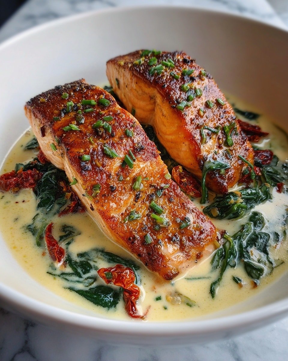 Creamy Tuscan Salmon Recipe - Recipe Image — Creamy Tuscan Salmon, Creamy Tuscan Salmon recipe, Tuscan salmon dish, easy salmon dinner, 30-minute salmon meal