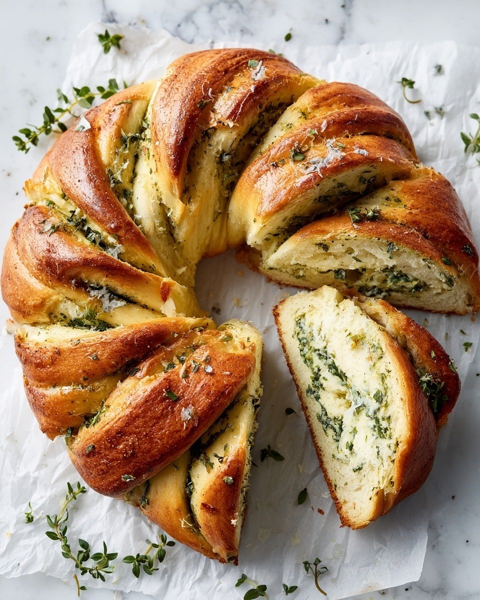 Pull Apart Garlic Bread Wreath Recipe - Recipe Image — Pull Apart Garlic Bread Wreath, garlic bread appetizer, cheesy garlic pull apart bread, festive bread wreath, easy garlic bread recipe