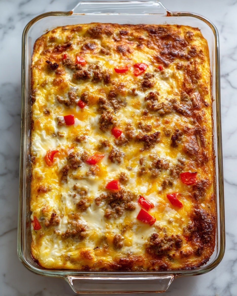 A rectangular clear glass baking dish filled with a baked layered casserole sits on a white marbled surface. The top layer has melted golden yellow cheese with browned spots and scattered small pieces of cooked ground meat, with bright red chunks of bell pepper adding color. The sides reveal layers of creamy and meaty ingredients blending together, showing a mix of light cream and browned meat textures. The dish looks fresh from the oven with a slightly crisp and bubbly cheese top, glowing warmly in soft natural light. Photo taken with an iphone --ar 4:5 --v 7 — Easy Sausage and Egg Casserole, breakfast casserole recipes, hearty brunch ideas, easy breakfast bake, savory egg casserole