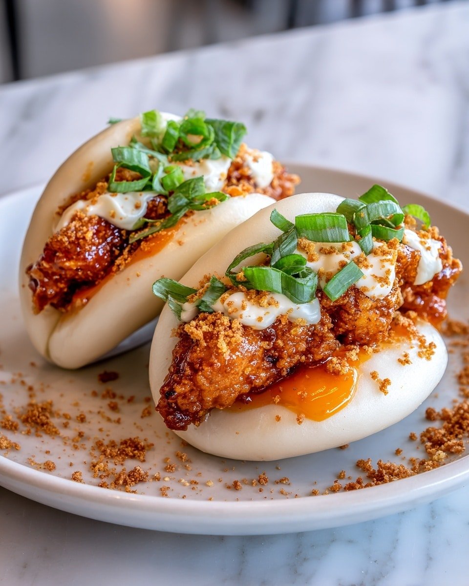 The image shows two soft, white steamed buns folded in half, each filled with a crispy golden-brown fried piece of chicken. The chicken is topped with a creamy white sauce and a rich orange sauce that drips down the sides. On top of the sauces, there are small pieces of fresh green chopped scallions scattered for color. The buns are sprinkled lightly with a crunchy, reddish-brown spice powder, adding texture to the dish. These are placed on a simple white plate with a white marbled surface in the background. The photo taken with an iphone --ar 4:5 --v 7 — Dynamite Chicken Buns, spicy chicken buns, Chinese steamed buns, savory chicken stuffed buns, easy Asian bread recipes