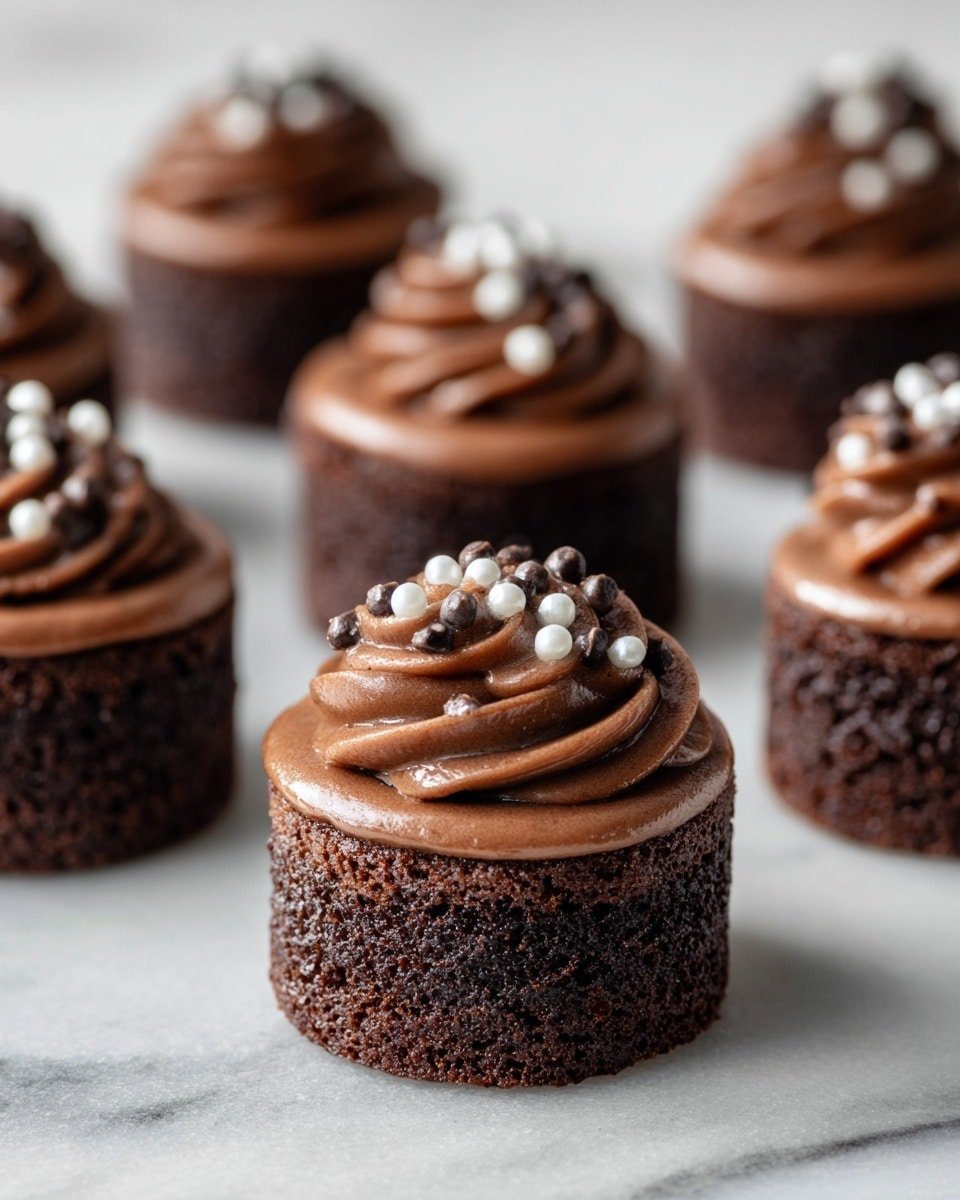 The image shows small, round chocolate cakes arranged on a white marbled surface. Each cake has two layers: a dense, dark brown chocolate base with a soft, slightly crumbly texture, and a thick, creamy swirl of smooth, shiny milk chocolate frosting on top. The frosting layer is darker and glossy, with a rich texture that looks soft to touch. Each cake is decorated with two large chocolate chips placed side by side in the center, along with a few small white sprinkles scattered on the frosting. The cakes are evenly spaced, and the focus is on the front cakes while the others blur softly in the background. Photo taken with an iphone --ar 4:5 --v 7 — Brownie Petit Fours with Chocolate Ganache and Fleur de Sel, elegant brownie bites, chocolate petit fours, decadent brownie desserts, gourmet chocolate treats