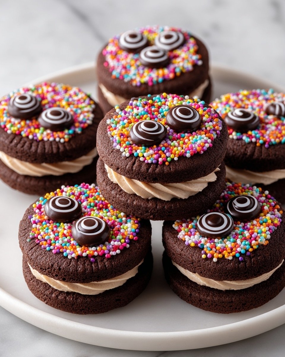 Devil's Food Chocolate Peanut Butter Whoopie Recipe - Recipe Image — Devil's Food Chocolate Peanut Butter Whoopie, chocolate peanut butter whoopie pies, rich chocolate cake with peanut butter filling, easy indulgent dessert recipes, homemade whoopie pie ideas