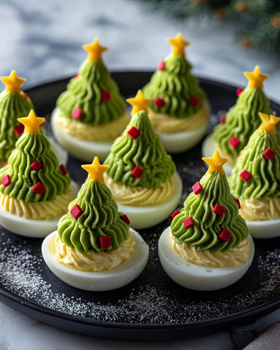 Christmas Tree Deviled Eggs Recipe - Recipe Image — Christmas Tree Deviled Eggs, festive deviled eggs, holiday appetizer ideas, avocado deviled eggs, Christmas party snacks