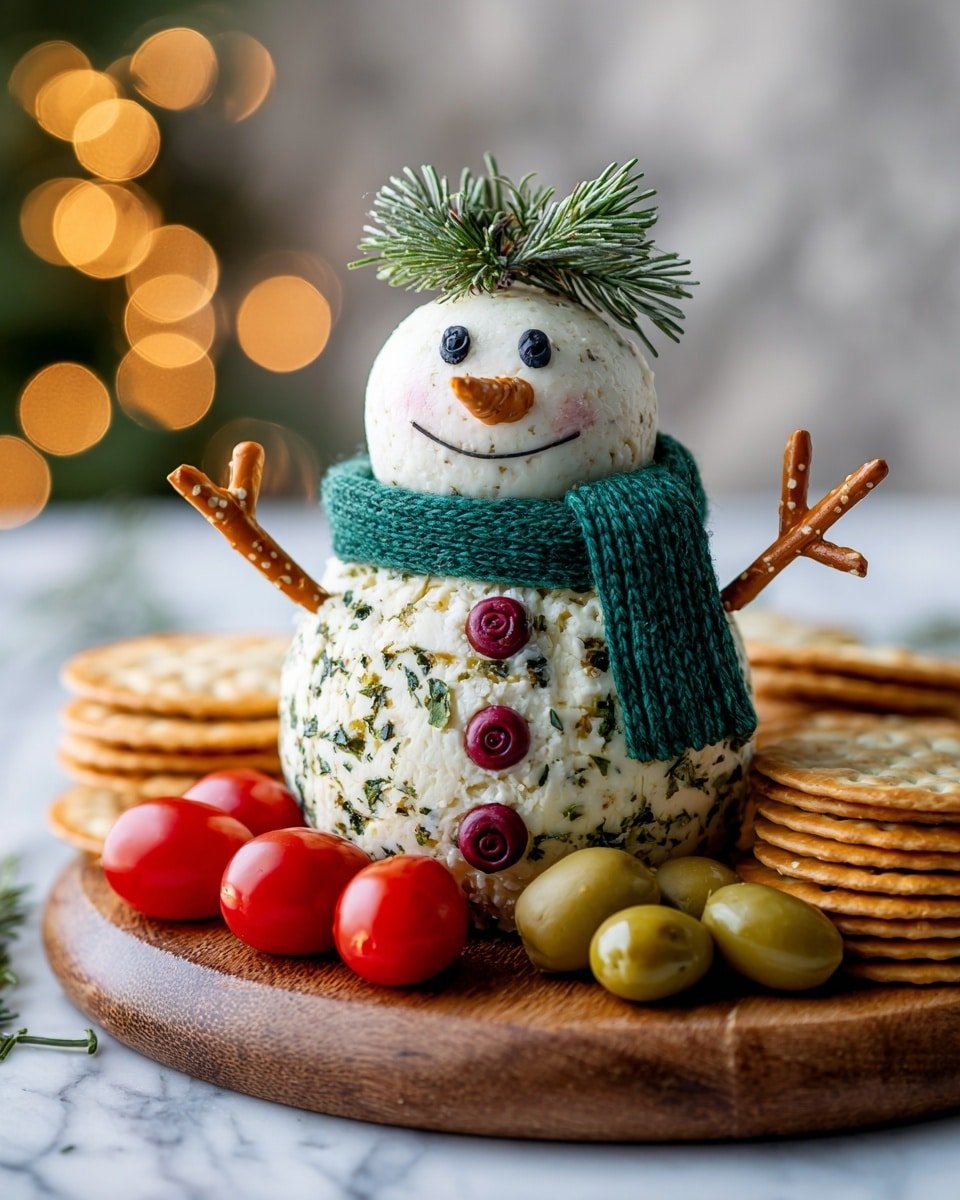 Holiday Snowman Cheese Ball Recipe - Recipe Image — Holiday Snowman Cheese Ball, Christmas cheese ball, festive appetizer, holiday cheese ball recipe, easy holiday party snacks
