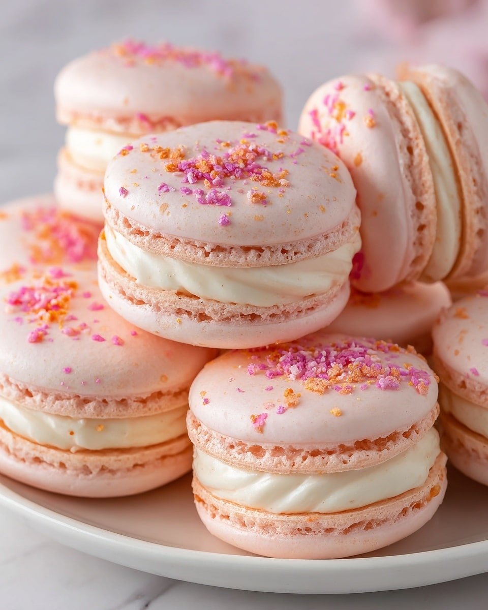 Strawberry Cheesecake Macarons Recipe - Recipe Image — Strawberry Cheesecake Macarons, strawberry macaron recipe, cheesecake macarons, easy French macarons, tasty berry filled desserts