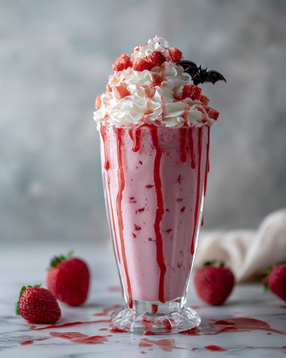 Bloody Berry Milkshake Recipe - Recipe Image — Bloody Berry Milkshake, fruity milkshake with berries and rum, strawberry milkshake recipe, refreshing berry milkshake, indulgent summer milkshake