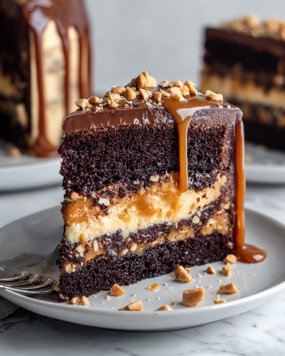 Chocolate Snickers Cake Recipe - Recipe Image — Chocolate Snickers Cake, Snickers-inspired chocolate cake, decadent layered dessert, homemade Snickers cake, easy indulgent chocolate cake