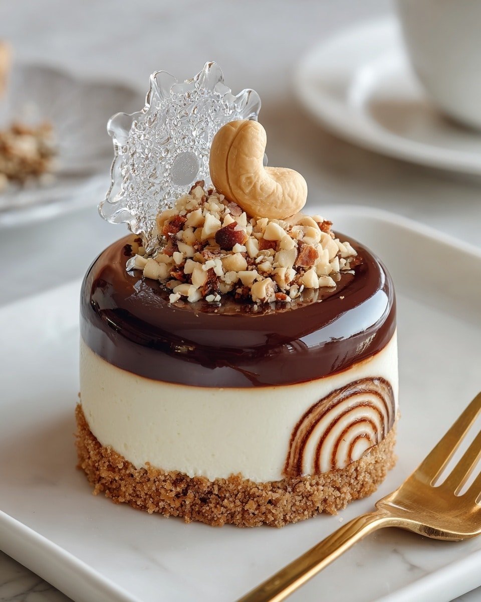 The image shows a dome-shaped dessert with four layers. The bottom layer is a light brown, crumbly cookie base. Above it is a white creamy layer with a smooth texture, followed by a beige creamy layer with a swirl of darker brown creating a marbled effect inside. The dome is covered in a shiny dark brown chocolate layer with white chocolate drizzles on top. The dessert is topped with whole cashew nuts, small nut pieces, and a delicate white sugar net sphere. The background is a white marbled surface. photo taken with an iphone --ar 4:5 --v 7 — Sugar-Free Chocolate Mousse Cakes with Cookie Bottoms and Decorative Toppings, healthy chocolate mousse recipes, sugar-free dessert ideas, guilt-free chocolate cakes, elegant mini chocolate desserts