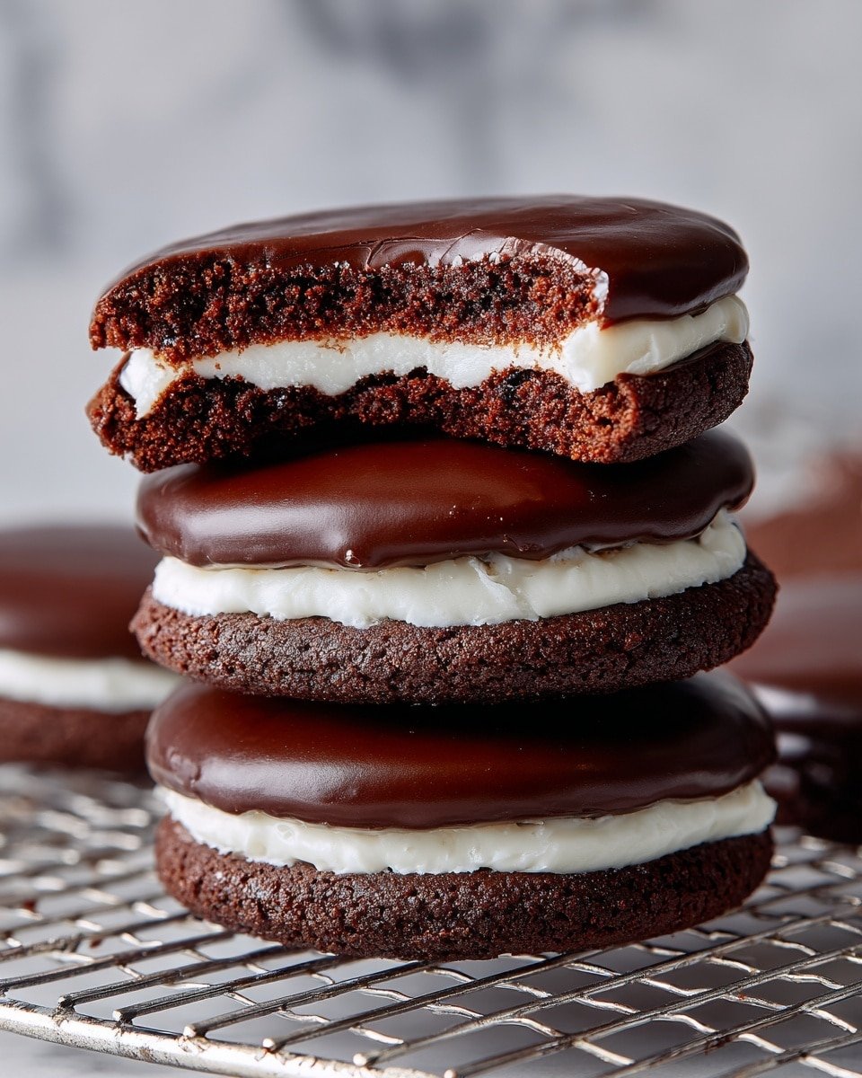 The image shows round chocolate cookies arranged on a metal cooling rack placed on a white marbled surface. Each cookie has three layers: a dark brown, soft textured bottom layer forming the cookie base; a smooth, creamy white middle layer of filling nestled between two cookie halves; and a shiny, thick dark chocolate topping that covers the top completely. One cookie in the front is broken in half, revealing the white filling between the two chocolate cookie layers, with the chocolate topping dripping slightly over the edges. The cookies behind are whole, evenly spaced, with consistent shapes and rich colors. photo taken with an iphone --ar 4:5 --v 7 — Marshmallow Hot Cocoa Surprise Cookies, chocolate marshmallow cookies, cozy hot cocoa desserts, easy marshmallow cookies, gooey marshmallow cookies