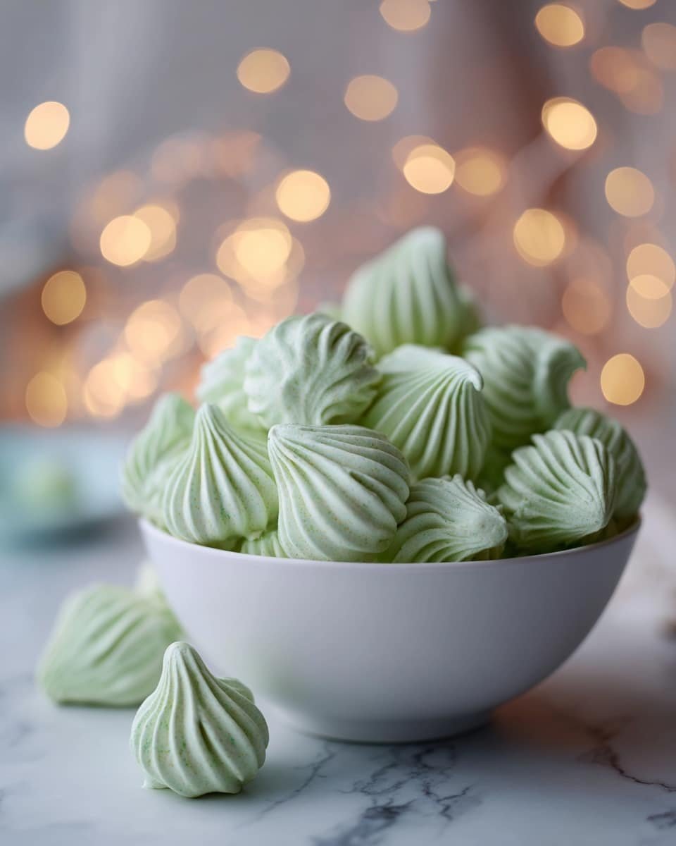 A white bowl filled with small, round, shell-shaped candies stacked in layers. The candies have ridged textures and alternate in colors between light green and white, with the green candies mostly on the bottom and middle, and some white ones on top, giving a soft and airy look. The bowl sits on a white marbled surface, with soft yellow bokeh lights blurred in the background. The lighting is warm and highlights the smooth, delicate details of the candies. photo taken with an iphone --ar 4:5 --v 7 — Delightful Piped Cream Cheese Mints, creamy peppermint candies, easy mint treats for celebrations, homemade mint candies, elegant dessert bites