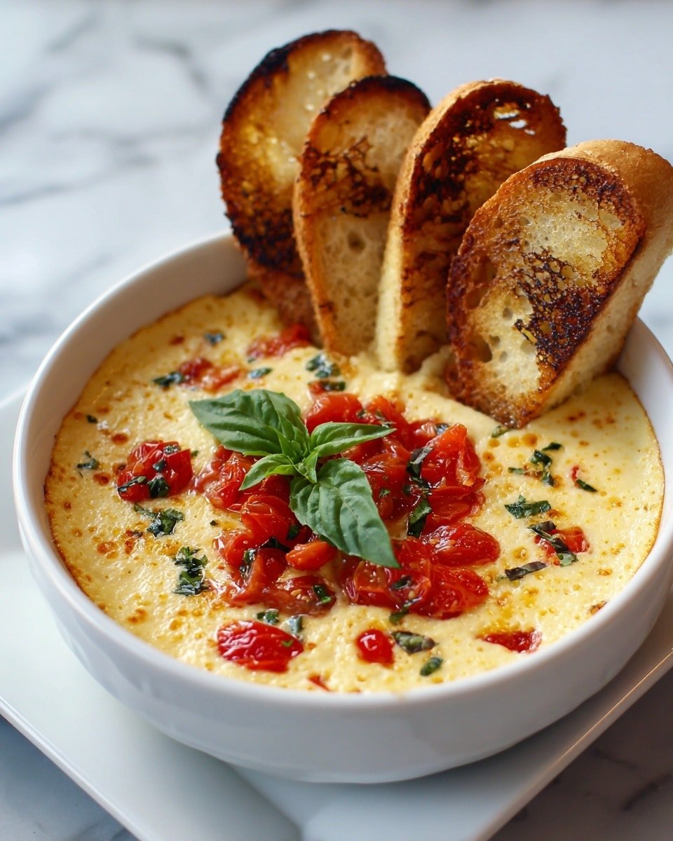 A white bowl filled with a creamy, pale yellow baked dip topped with small bright red tomato pieces and scattered dark green herb bits, with a fresh basil leaf centered on top. Behind the dip, four pieces of toasted bread with golden-brown and slightly blackened edges are standing upright, leaning against the side of the bowl. The bowl is placed on a white square plate on a white marbled surface, with soft natural light coming from the back. photo taken with an iphone --ar 4:5 --v 7 — Creamy Bruschetta Dip, easy bruschetta dip recipe, fresh tomato dip, garlic basil appetizer, crowd-pleasing party dip