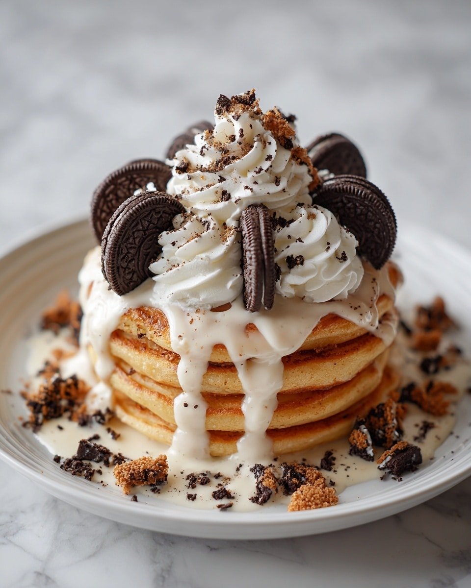 Oreo Pancakes with Cream Cheese Drizzle Recipe - Recipe Image — Oreo Pancakes with Cream Cheese Drizzle, Oreo Pancakes, fluffy Oreo pancakes, breakfast with Oreo cookies, easy Oreo pancake recipe