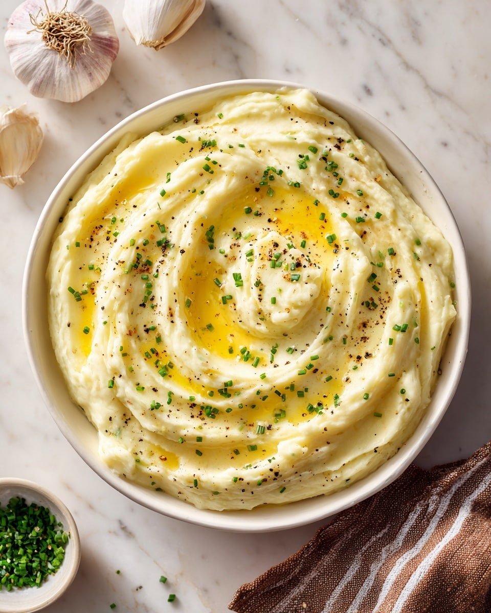 A white bowl filled with creamy mashed potatoes that have a smooth and soft texture, swirled with shallow ridges on the top. The mashed potatoes have a light yellow color with small green chive pieces sprinkled evenly on the surface. There are also small black pepper specks and a drizzle of melted butter pooling gently in the center, giving a slight shine. A silver spoon is scooping a portion of the mashed potatoes from the bowl. Around the bowl, there are whole garlic bulbs and peeled garlic cloves, a small glass bowl filled with chopped green chives, and a brown cloth with white stripes on a white marbled surface. Photo taken with an iphone --ar 4:5 --v 7 — Gordon Ramsay Perfect Mashed Potatoes, creamy mashed potatoes recipe, buttery mashed potato side dish, easy mashed potatoes tutorial, luxurious mashed potato recipe