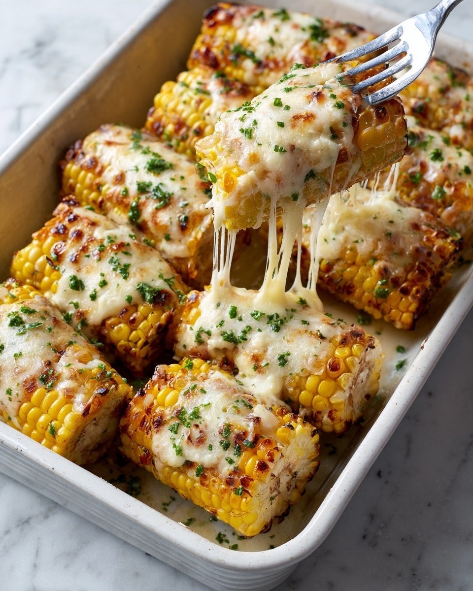 The image shows five grilled corn cobs placed close together, each covered with a thick layer of creamy sauce that looks smooth and slightly glossy. The corn kernels are bright yellow with some charred black and brown spots, adding a roasted look. On top of the sauce, there are evenly spread bits of white cheese and small green parsley pieces, along with a light sprinkle of red chili powder and black pepper, giving a colorful contrast. The corn rests on a white marbled surface that is slightly visible around the edges. Photo taken with an iphone --ar 4:5 --v 7 — Cheesy Garlic Butter Corn on the Cob, garlic butter corn, cheesy corn side dish, summer corn recipes, flavorful corn on the cob