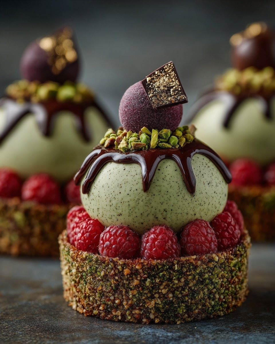 Pistachio & Raspberry Cheesecake Domes Recipe - Recipe Image — Pistachio & Raspberry Cheesecake Domes, pistachio cheesecake, raspberry mousse desserts, elegant cheesecake desserts, mirror glaze cheesecakes