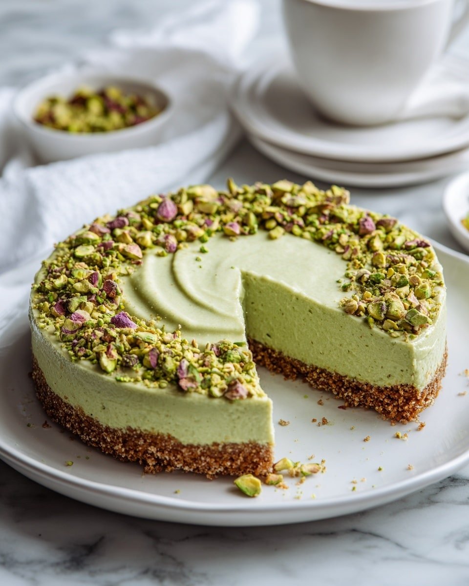 Pistachio Cheesecake With Pistachio Topping Recipe - Recipe Image — Pistachio Cheesecake With Pistachio Topping, pistachio dessert, nutty cheesecake, no-bake pistachio cheesecake, easy pistachio cheesecake recipe