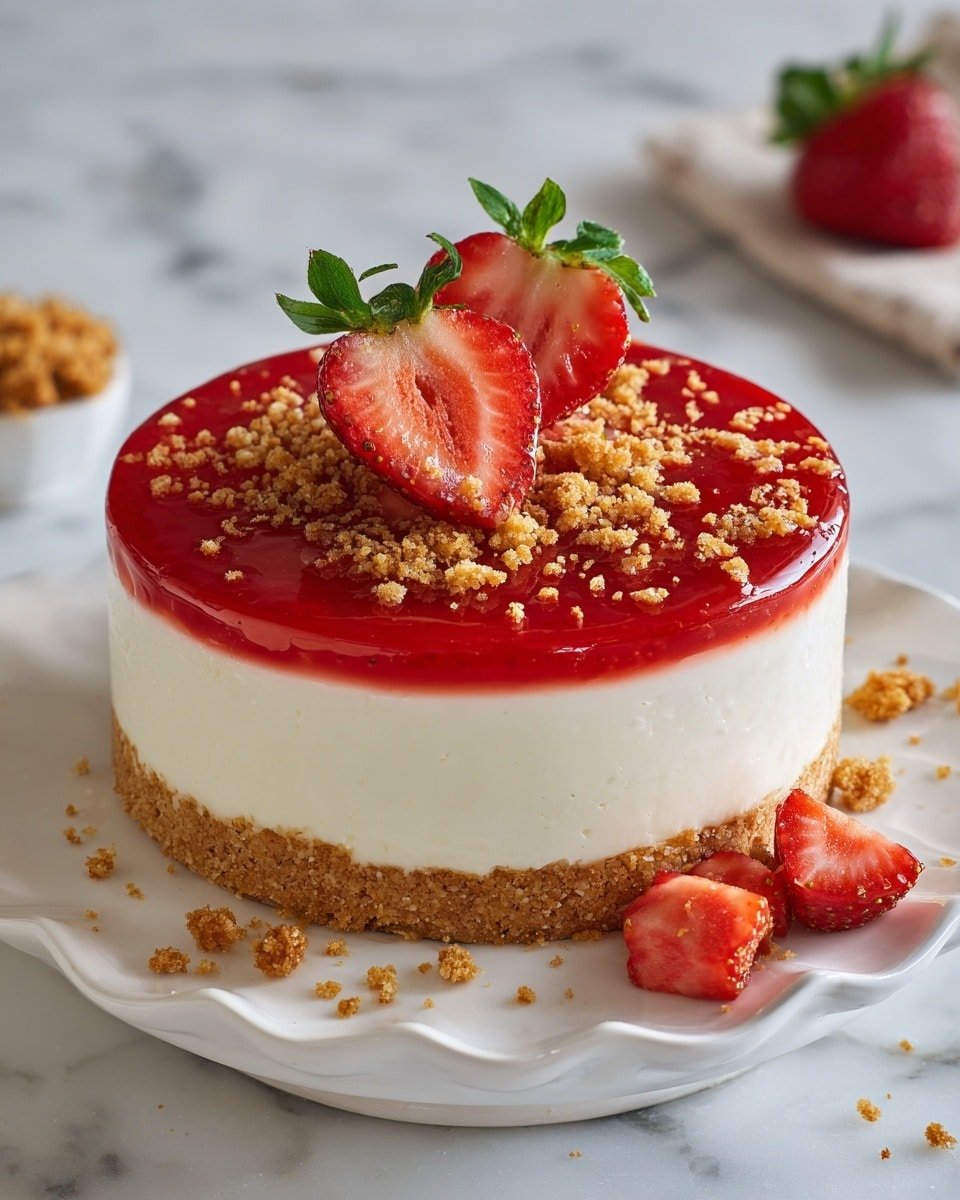 Easy Strawberry Crunch Mini Cheesecake Recipe - Recipe Image — Easy Strawberry Crunch Mini Cheesecake, mini cheesecake recipes, strawberry dessert recipes, no-bake cheesecakes, fruity creamy cheesecakes